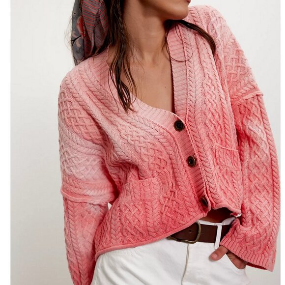 Free People Washed Ashore Cardi Knit Oversized Atlas Red Combo - Picture 1 of 7